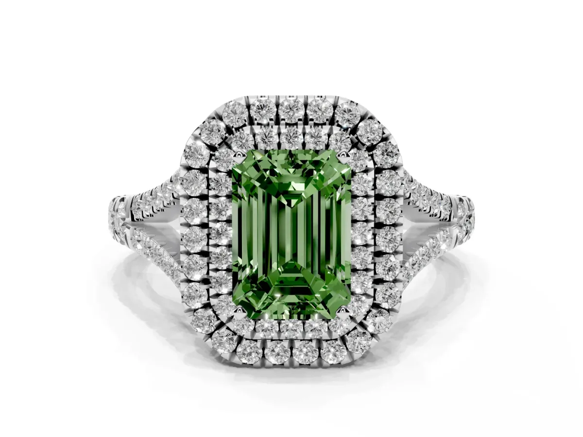 Fancy Green Emerald Cut Diamond Pavé Split Shank Double Halo Engagement Ring Silver