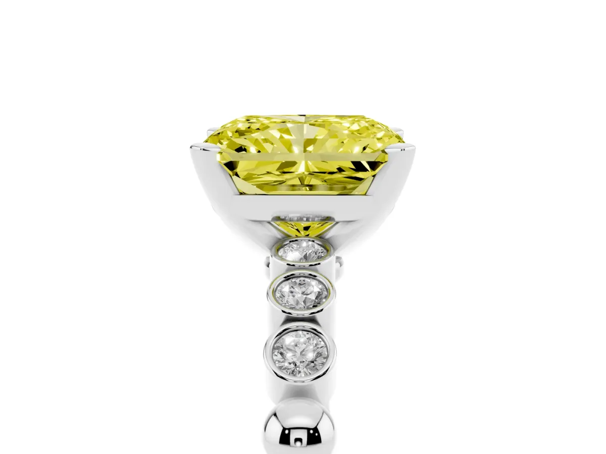 Fancy Yellow Radiant Cut Solitaire Bezel Accent Diamond Engagement Ring with Beaded Band and Four-Prong Setting Silver