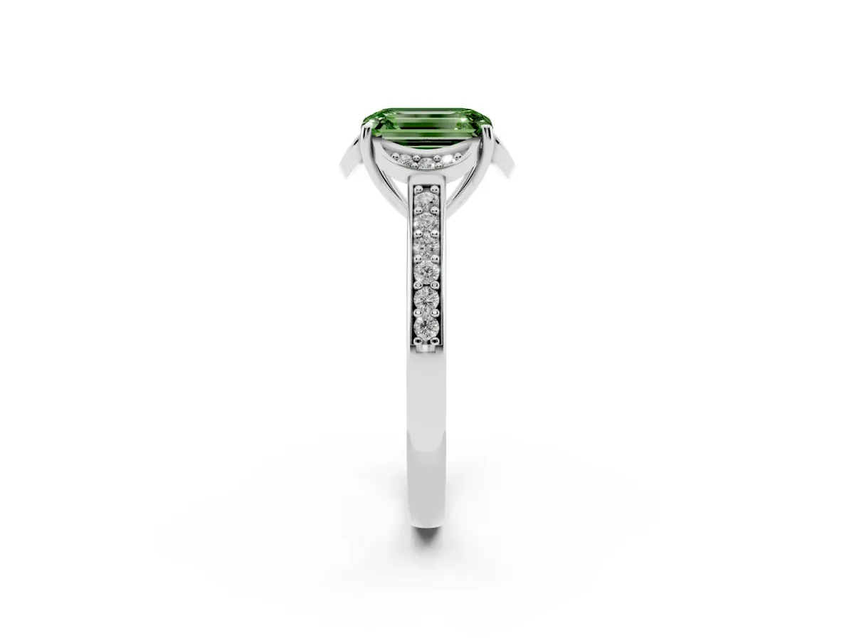 Fancy Green Emerald Cut Cut Halo Diamond Ring with Channel Set Band and Four-Prong Setting Platinum
