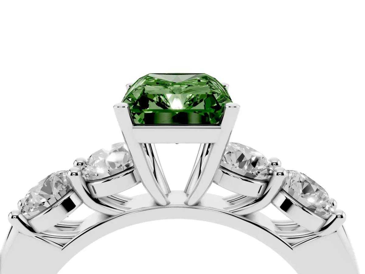 Fancy Green Radiant Cut Cut Five-Stone Prong Set Diamond Ring with Classic Band Silver