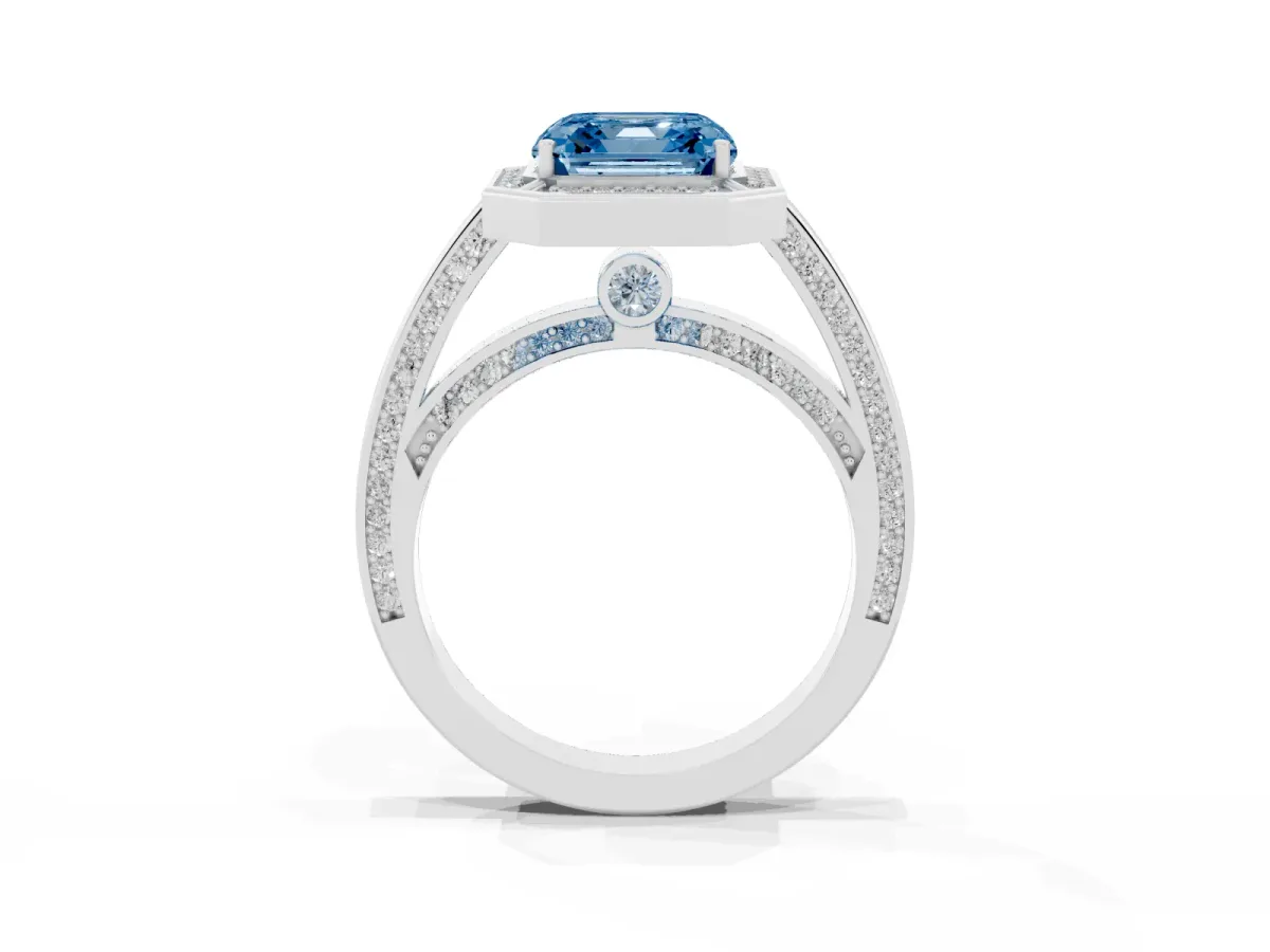 Fancy Blue Asscher Cut Cut Halo Pave Split Shank Prong Setting Ring Platinum