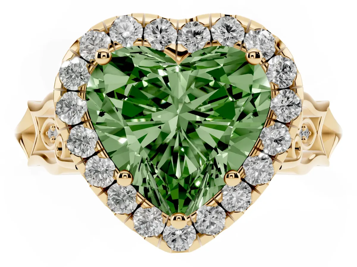 Fancy Green Heart Cut Halo Diamond Engagement Ring with Filigree Band and Four-Prong Setting Yellow gold