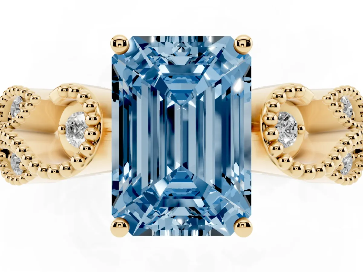 Fancy Blue Emerald Cut Solitaire Milgrain Leaf Band with Prong Setting Yellow gold