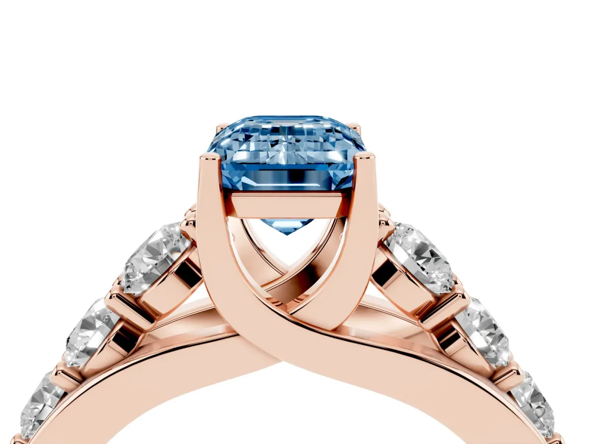 Fancy Blue Emerald Cut Diamond Engagement Ring with Pavé Band and Four-Prong Setting Rose gold