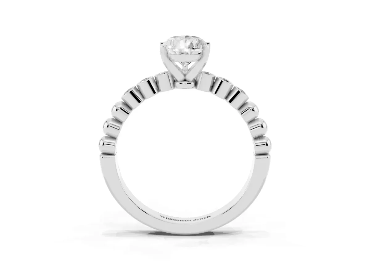 Pear Cut Solitaire Bezel Accent Diamond Engagement Ring with Beaded Band and Four-Prong Setting Platinum