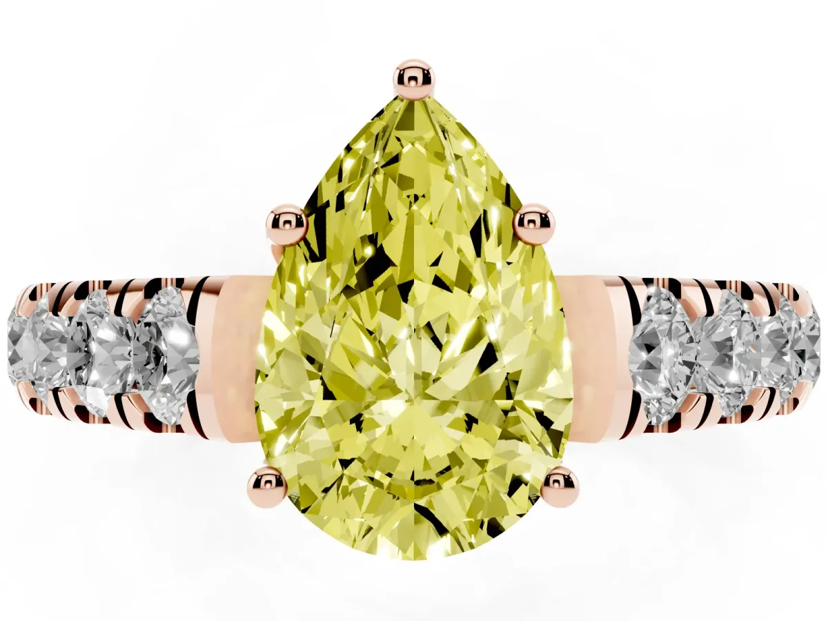 Fancy Yellow Pear Cut Cut Diamond Solitaire Ring with Micro Pave Band and Prong Setting Rose gold