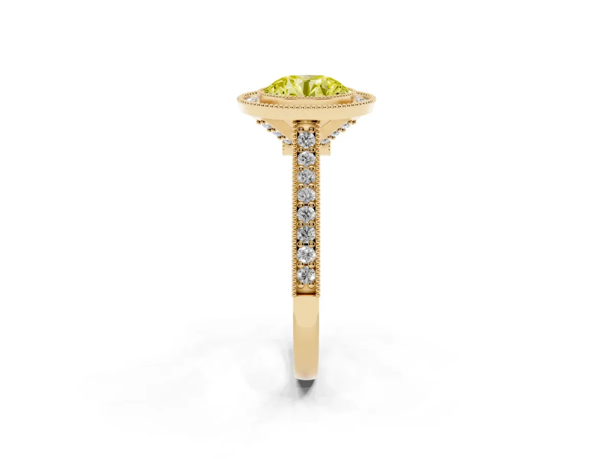 Fancy Yellow Halo Round Cut-Cut Diamond Pave Band Milgrain Prong Setting Ring Yellow gold