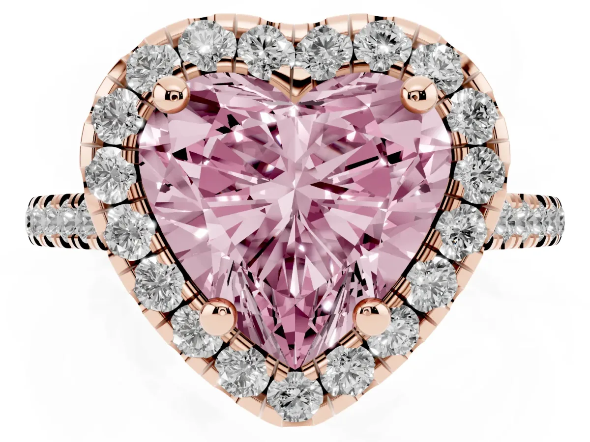 Fancy Pink Heart Cut Diamond Cushion Halo Ring with Pavé Band Rose gold