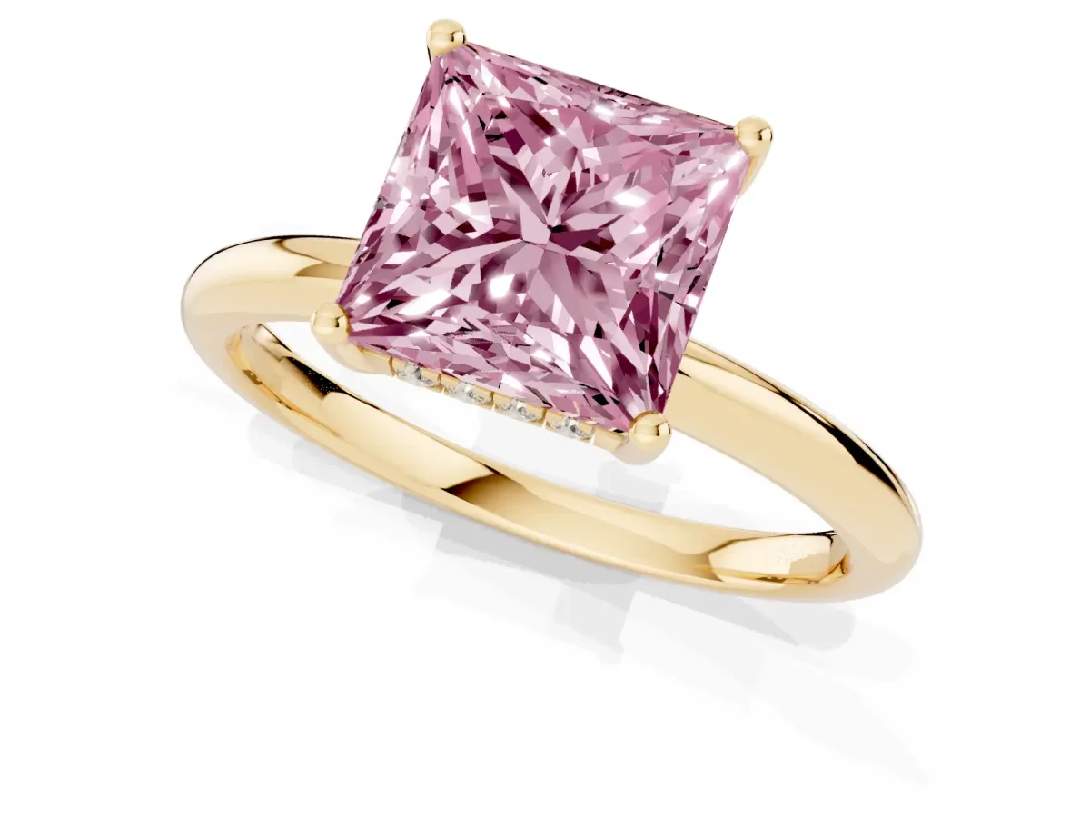 Fancy Pink Princess Cut Cut Solitaire Engagement Ring with Four-Prong Setting and Classic Band Yellow gold