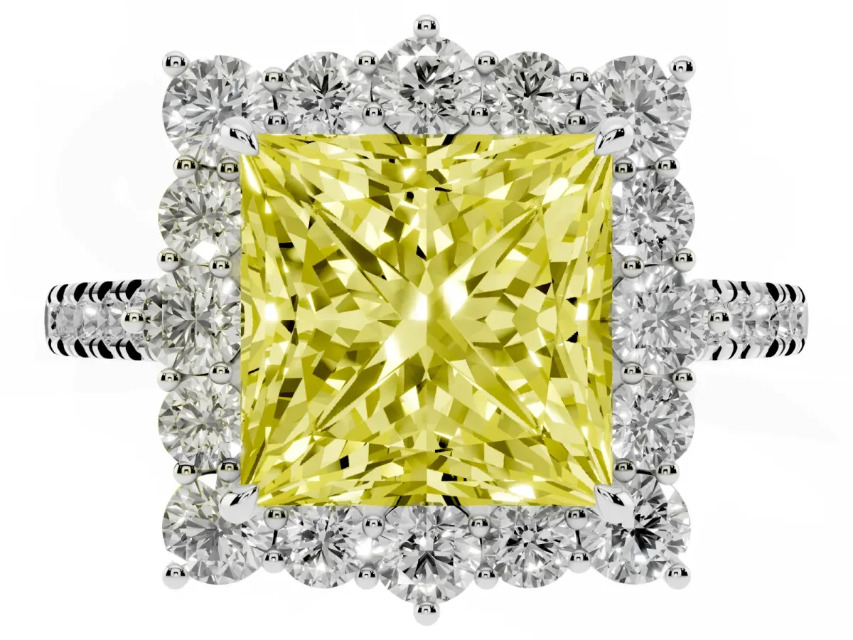Fancy Yellow Princess Cut Halo Diamond Ring with Pavé Band and Prong Setting Silver