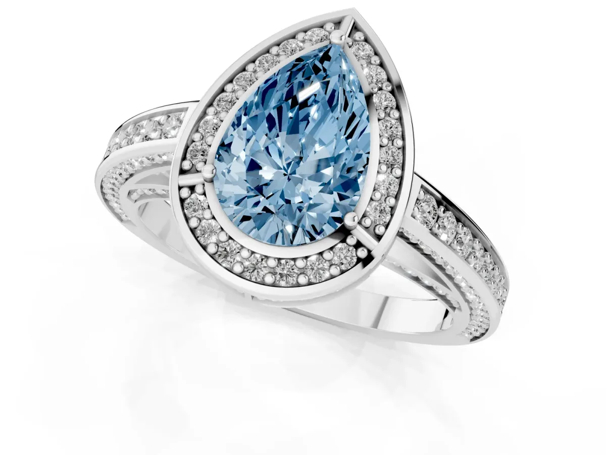Fancy Blue Pear Cut Cut Halo Pave Split Shank Prong Setting Ring Platinum