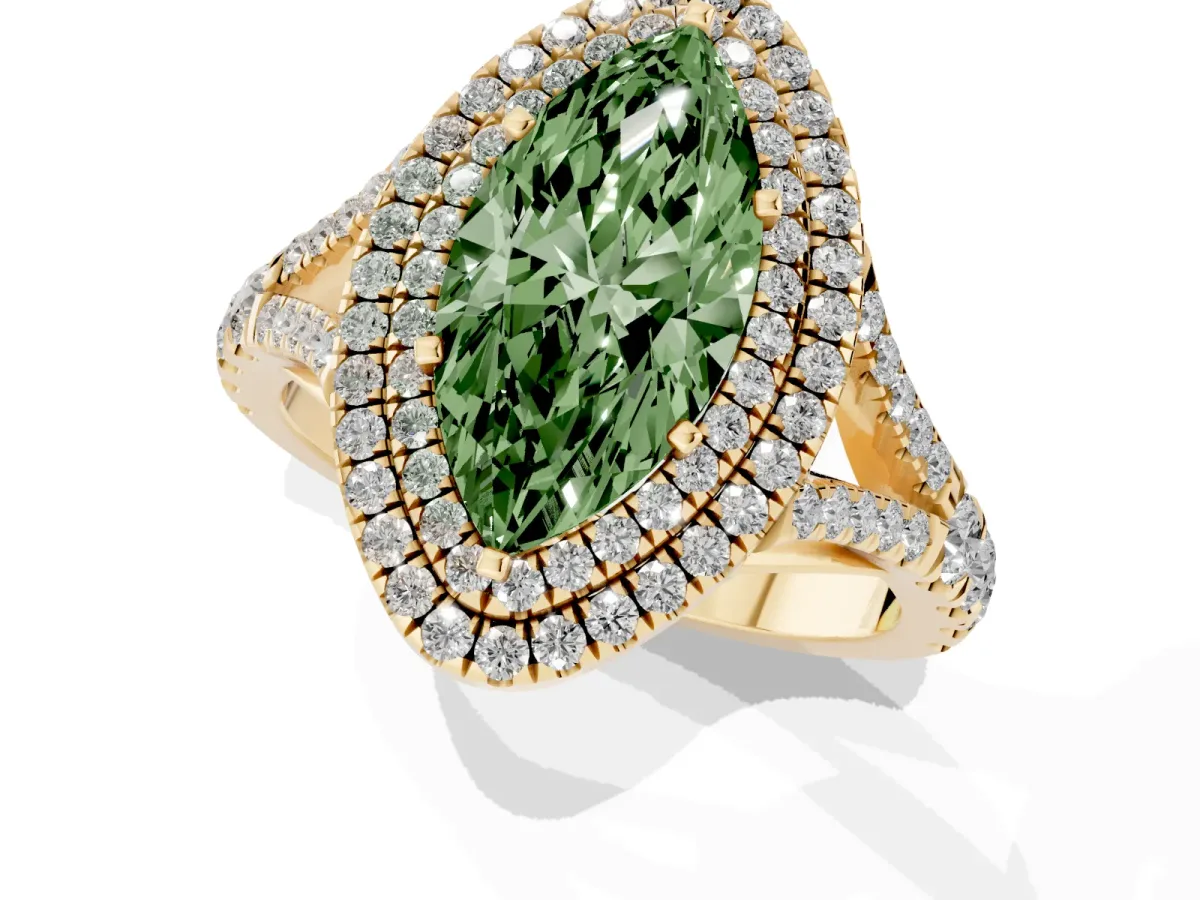 Fancy Green Marquise Cut Cut Double Halo Split Shank Diamond Ring with Prong Setting Yellow gold
