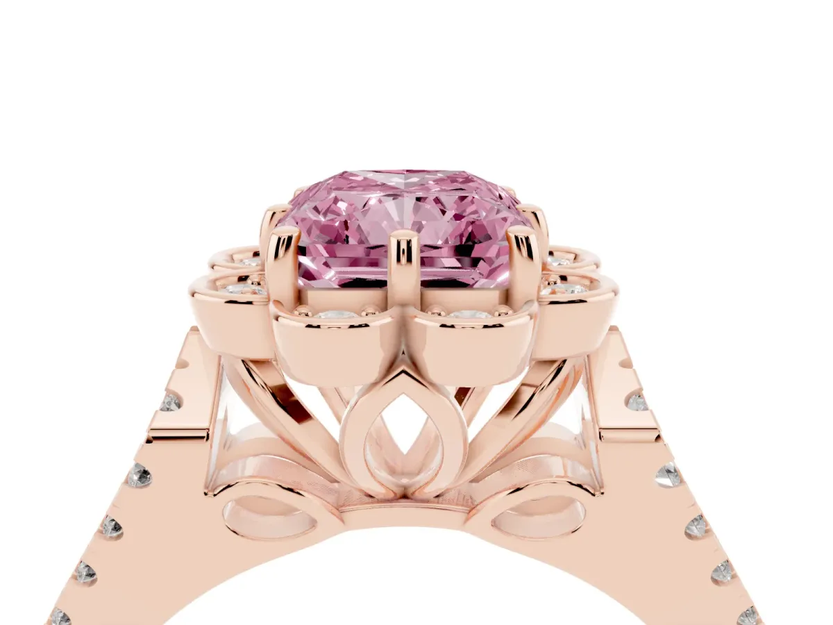 Fancy Pink Radiant Cut Halo Diamond Floral Split Shank Engagement Ring Rose gold