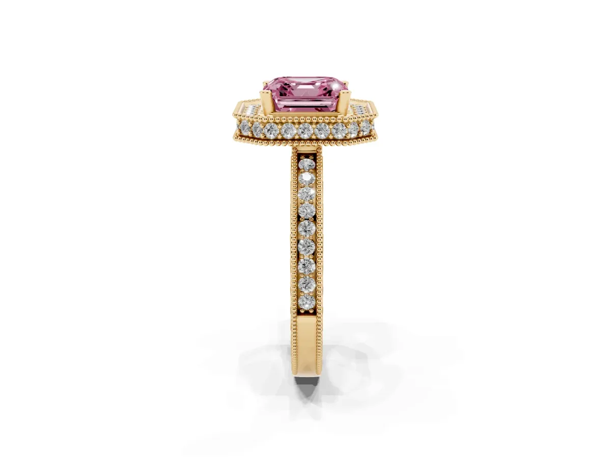 Fancy Pink Asscher Cut Diamond Milgrain Halo Engagement Ring with Round Pavé Band and Prong Setting Yellow gold