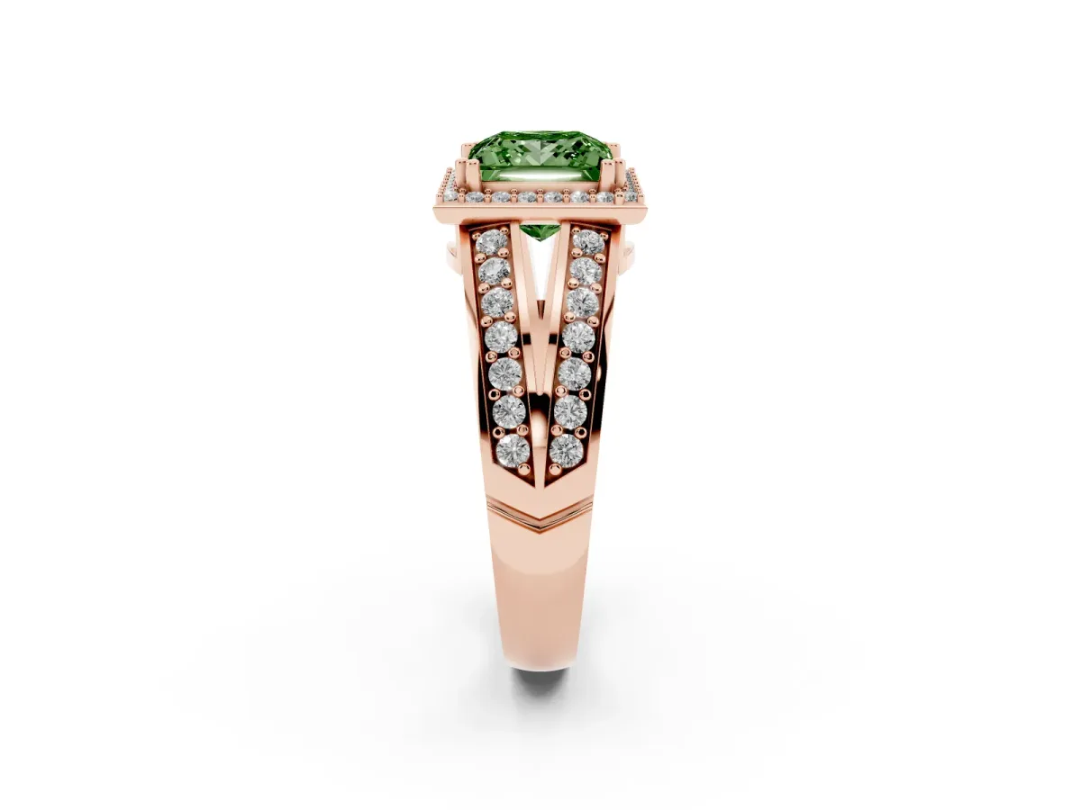 Fancy Green Princess Cut Diamond Halo Ring with Split Shank Pavé Band and Four-Prong Setting Rose gold