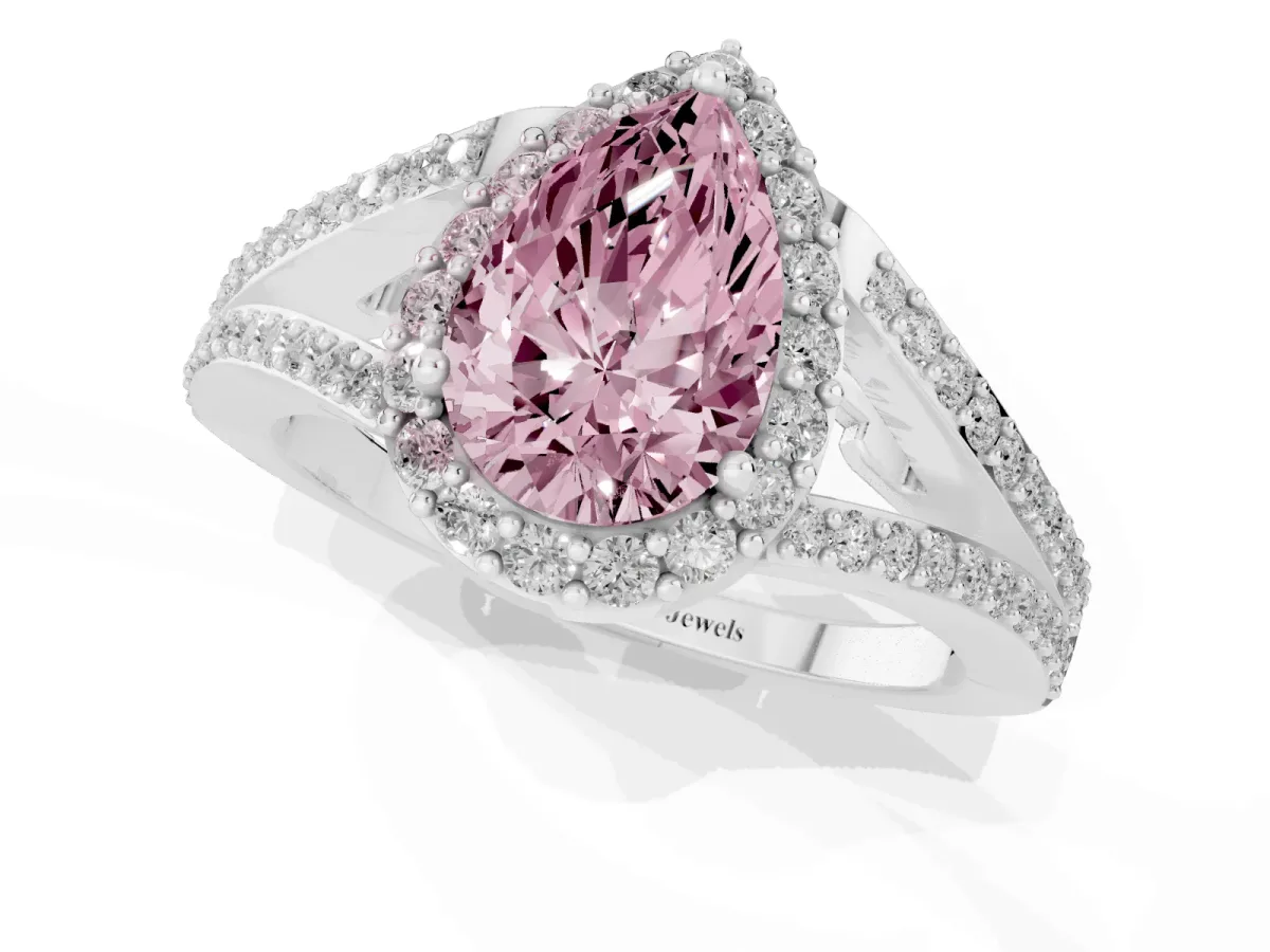 Fancy Pink Pear Cut Halo Split Shank Pave Diamond Ring with Four-Prong Setting Platinum