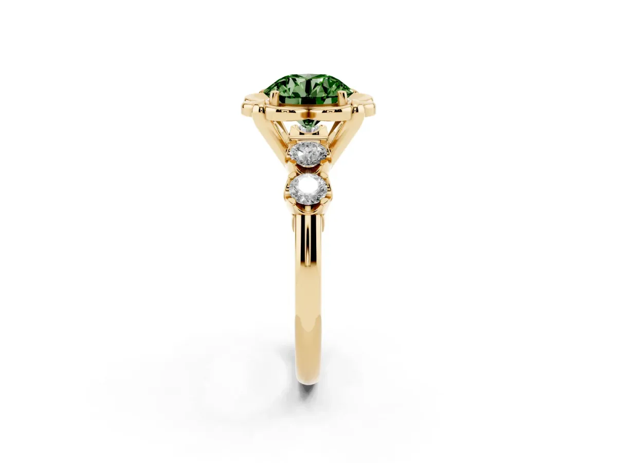 Fancy Green Round Cut Cut Diamond Floral Halo Engagement Ring with Shared Prong Setting Yellow gold
