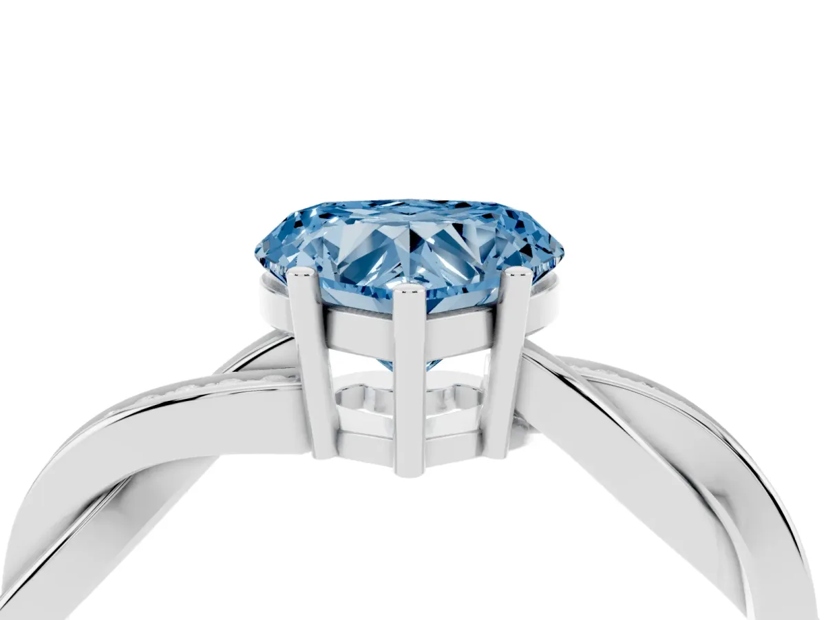 Fancy Blue Heart Cut Solitaire Twisted Pave Diamond Ring with Four-Prong Setting Silver
