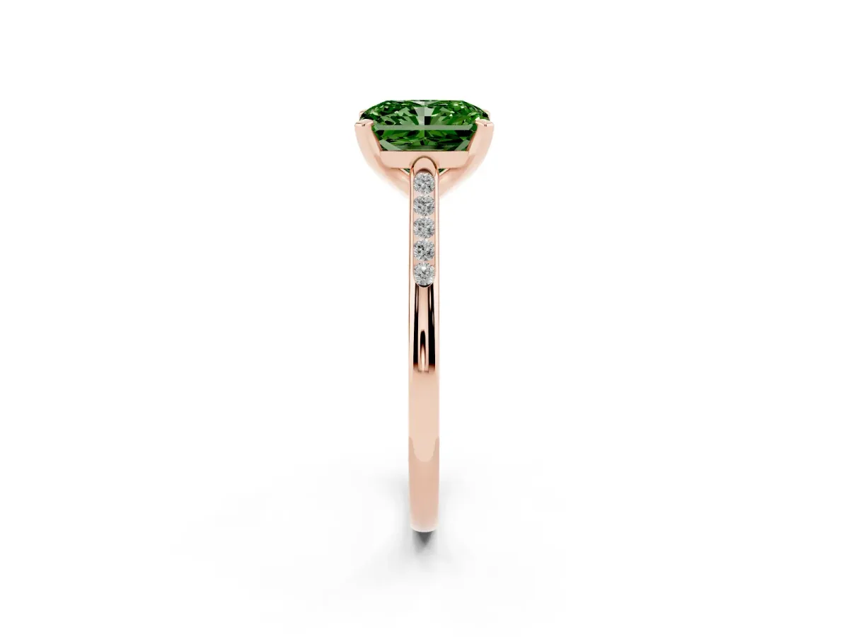 Fancy Green Radiant Cut Diamond Solitaire Ring with Channel Set Round Band and Prong Setting Rose gold