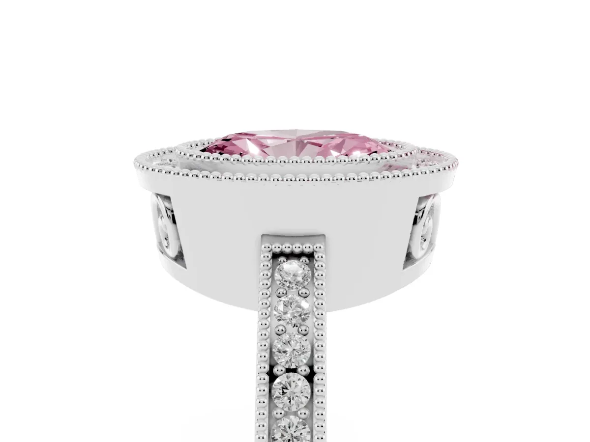 Fancy Pink Oval Cut Cut Halo Diamond Ring with Pavé Band and Milgrain Prong Setting Platinum