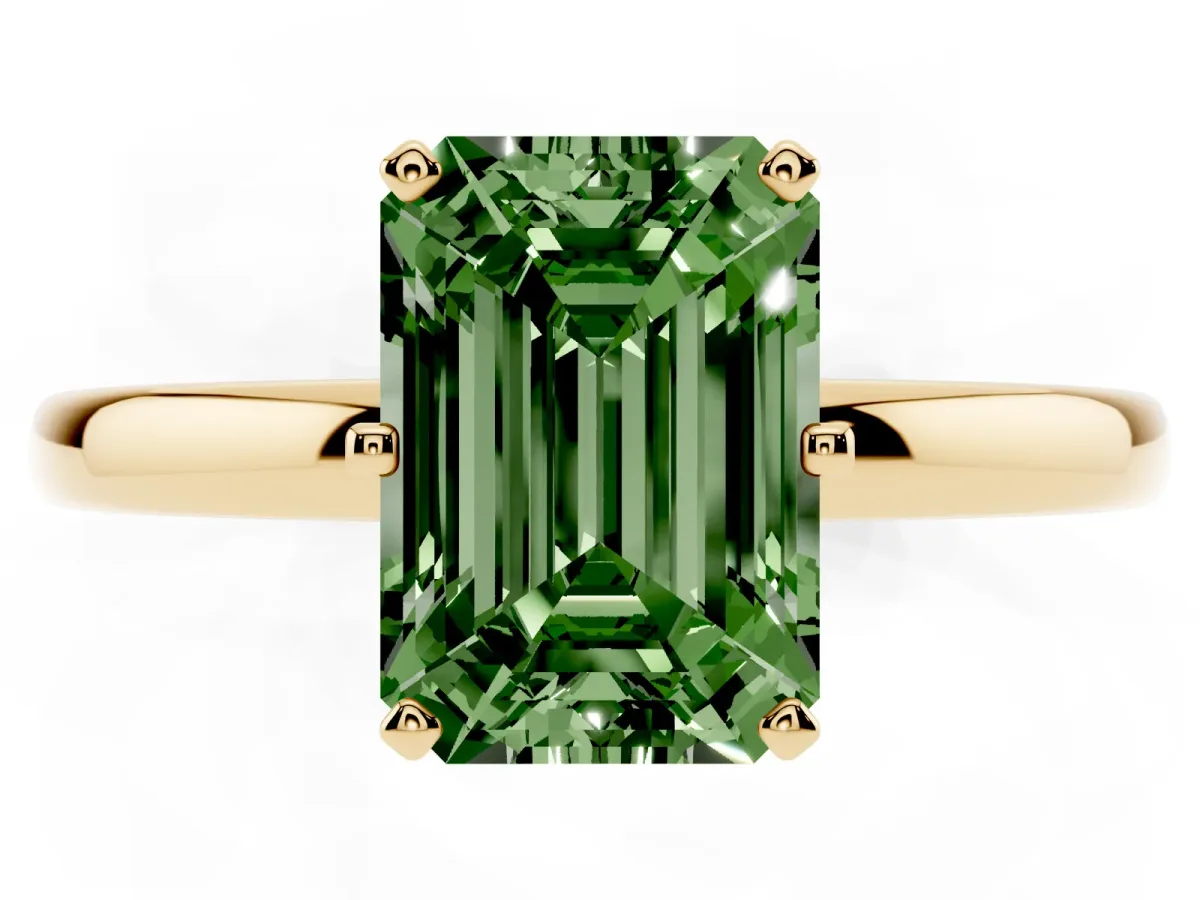 Fancy Green Emerald Cut Solitaire Diamond Ring with Six-Prong Setting on a Classic Band Yellow gold