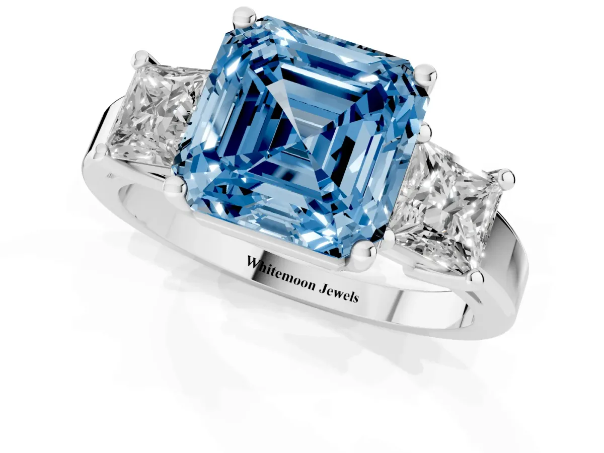 Fancy Blue Three-Stone Asscher Cut Cut Solitaire Ring with Prong Setting Platinum