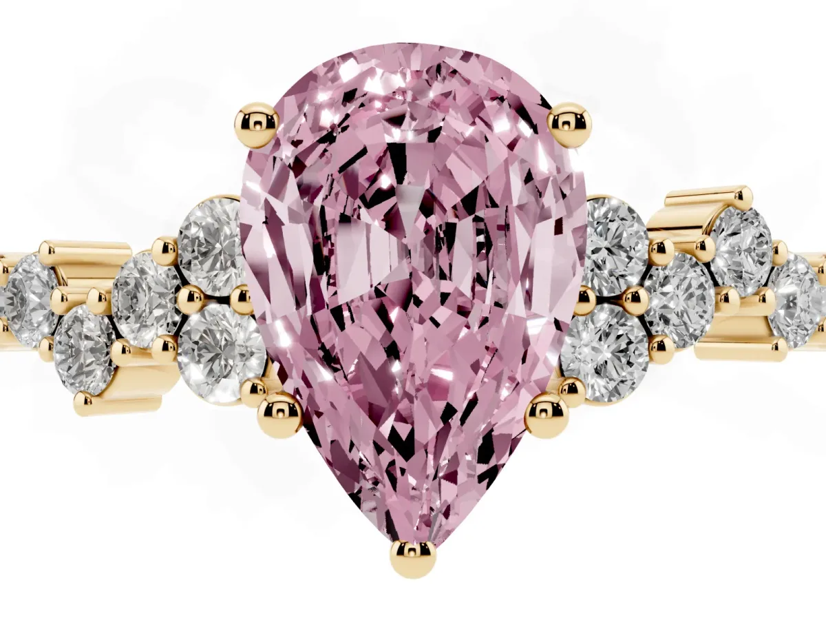 Fancy Pink Pear Cut Diamond Scattered Round Accent Ring with Prong Setting Yellow gold