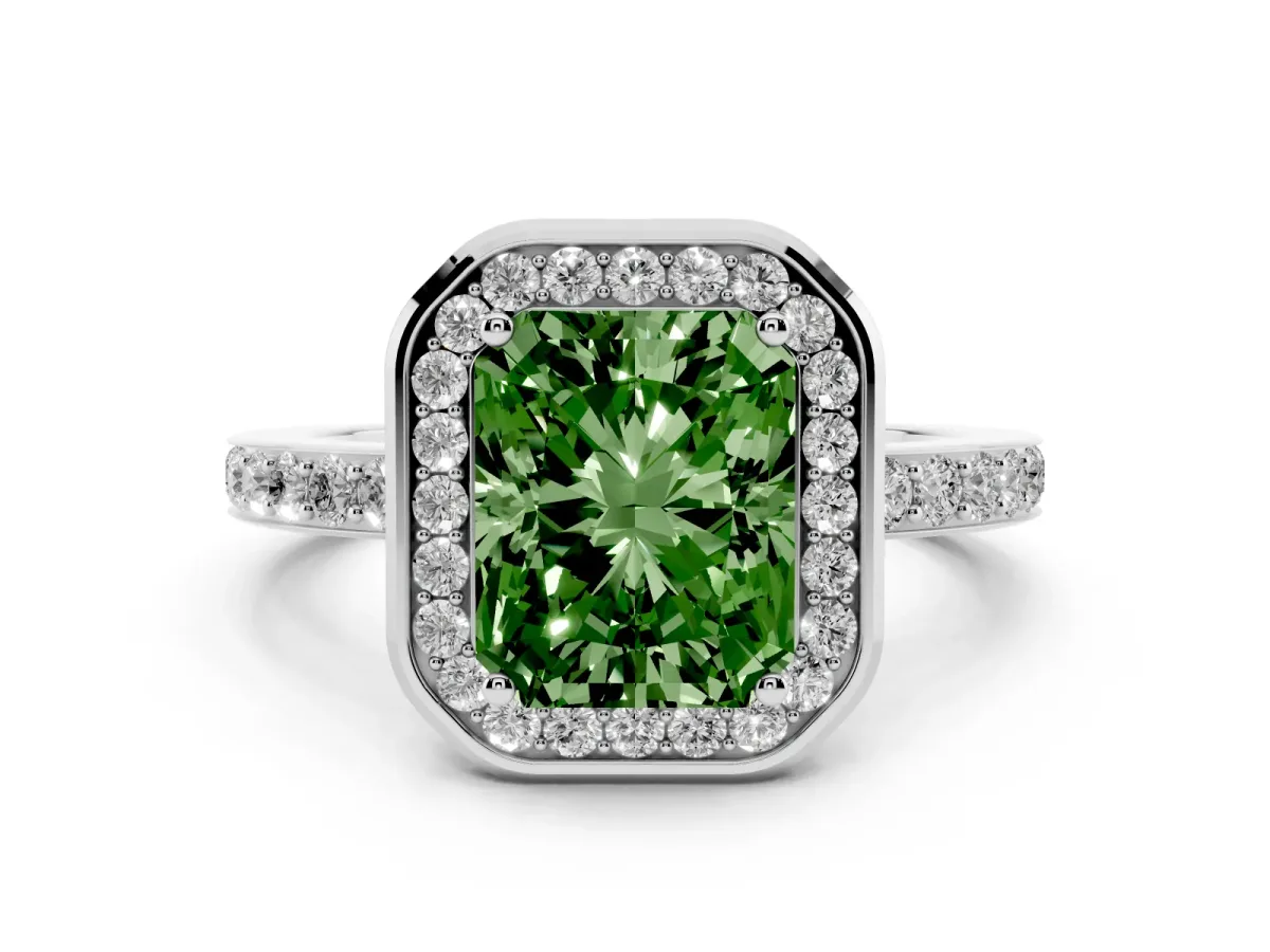 Fancy Green Radiant Cut Diamond Halo Ring with Bezel Frame and Pavé Band Platinum