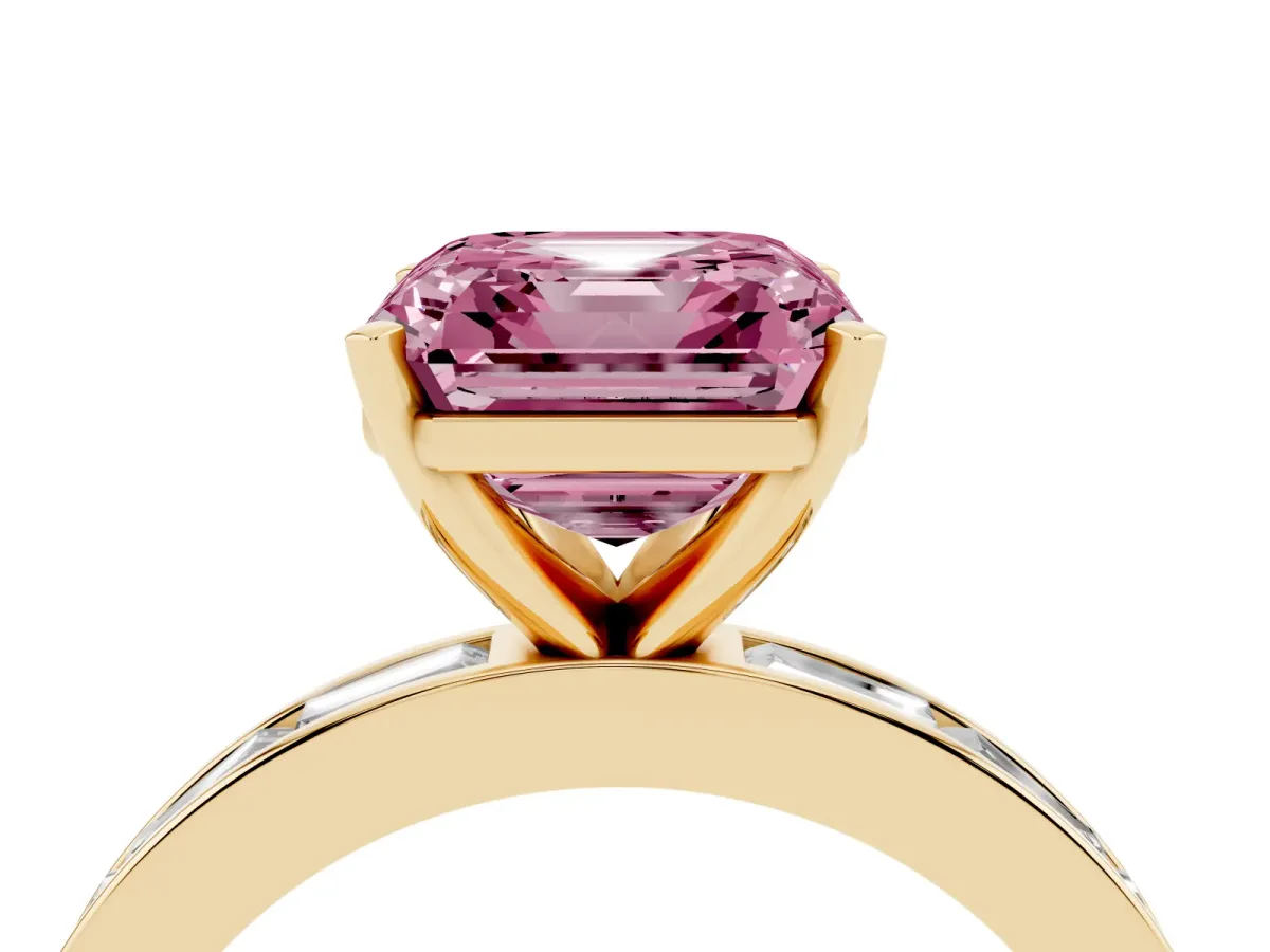 Fancy Pink Asscher Cut Solitaire Diamond Ring with Channel-Set Baguette Band and Four-Prong Setting Yellow gold