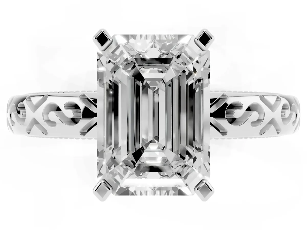 Emerald Cut Solitaire Engagement Ring with Scrollwork Band and Four-Prong Setting Platinum