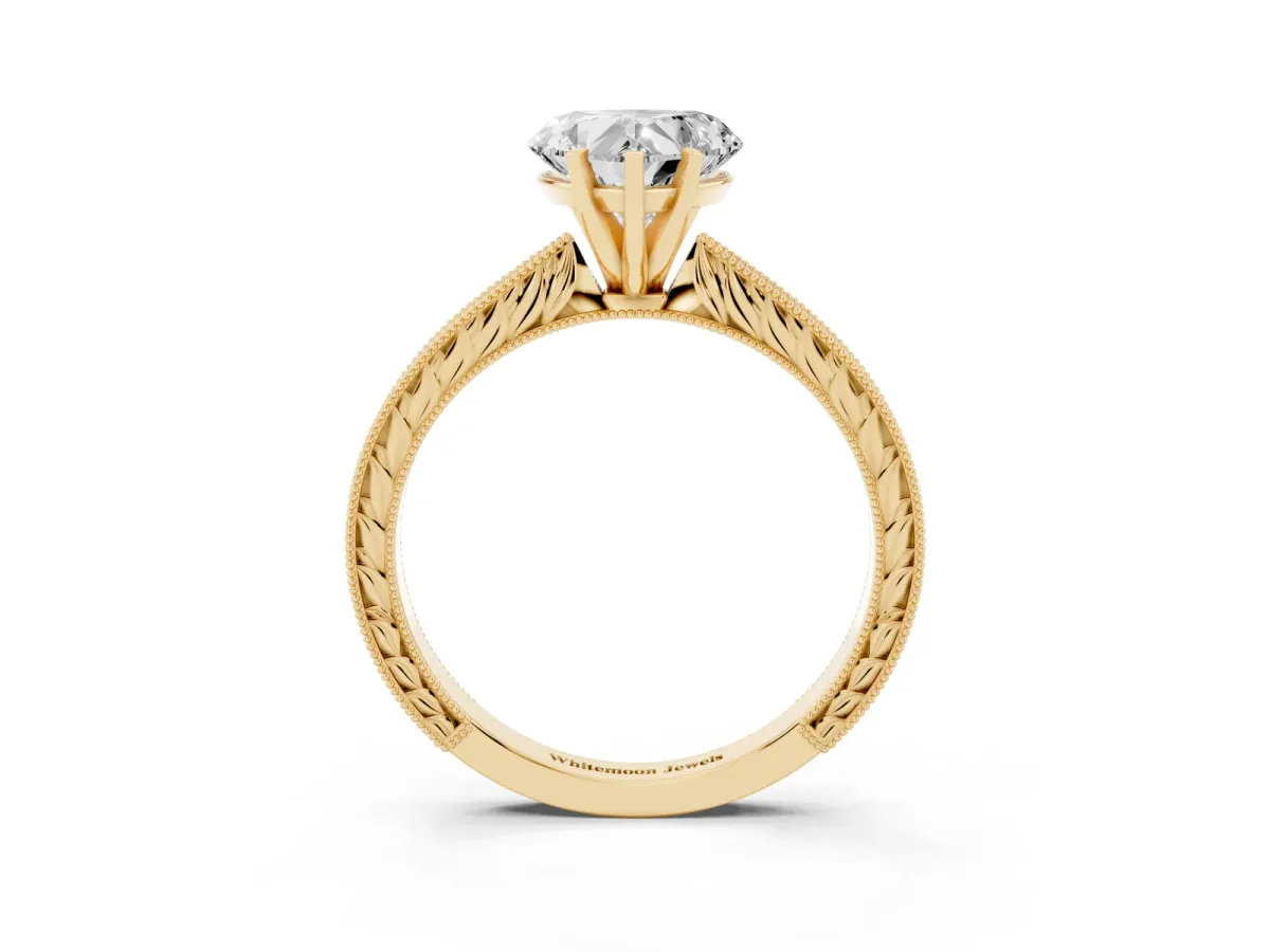 Heart Cut Solitaire Milgrain Engraved Band with Four-Prong Setting Yellow gold