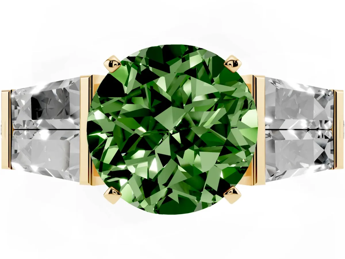 Fancy Green Round Cut Diamond Engagement Ring with Baguette Side Stones and Channel Set Band Yellow gold