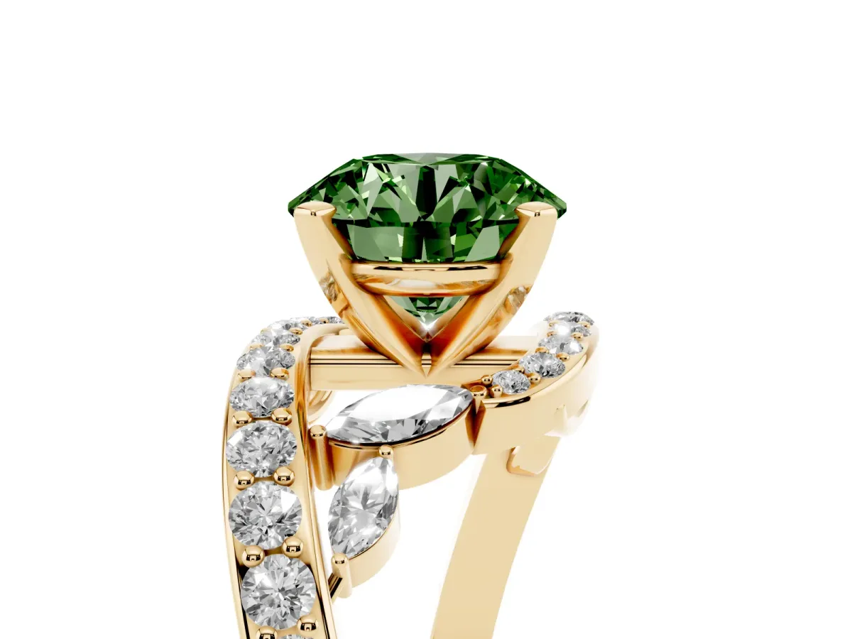 Fancy Green Round Cut Solitaire with Pavé Twist Band and Four-Prong Setting Yellow gold