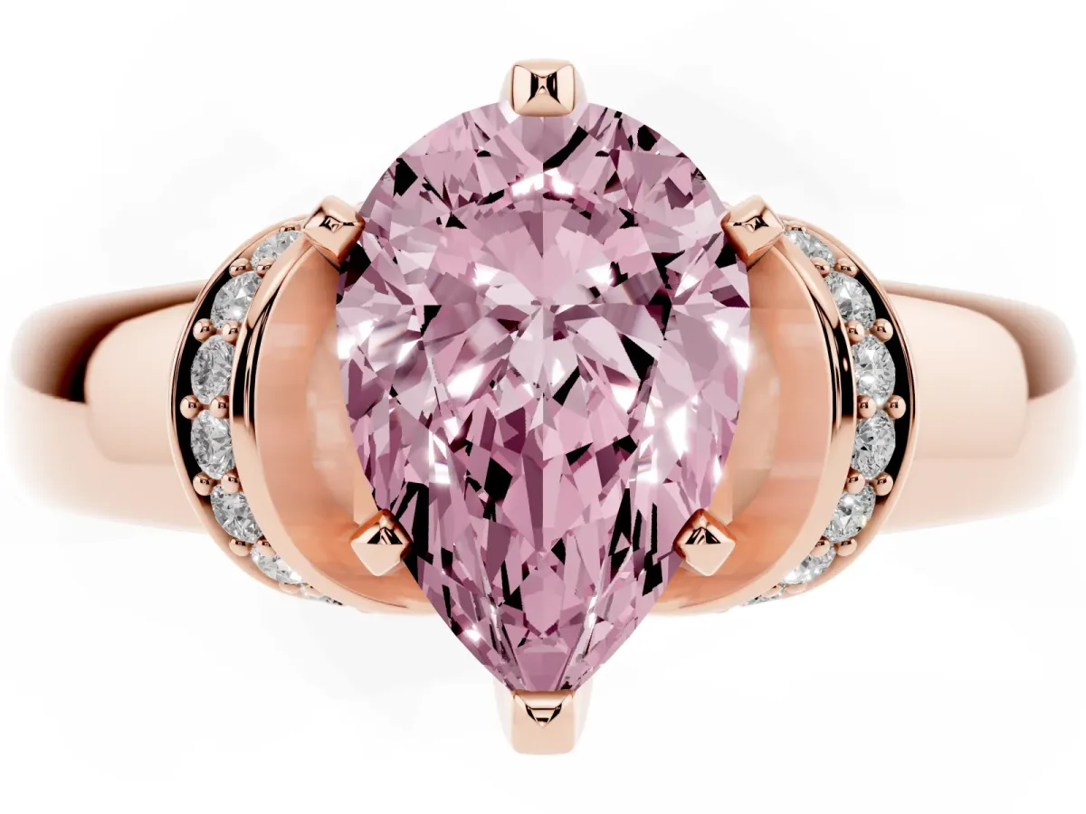 Fancy Pink Pear Cut Solitaire Diamond Ring with Pave Band and Six-Prong Setting Rose gold
