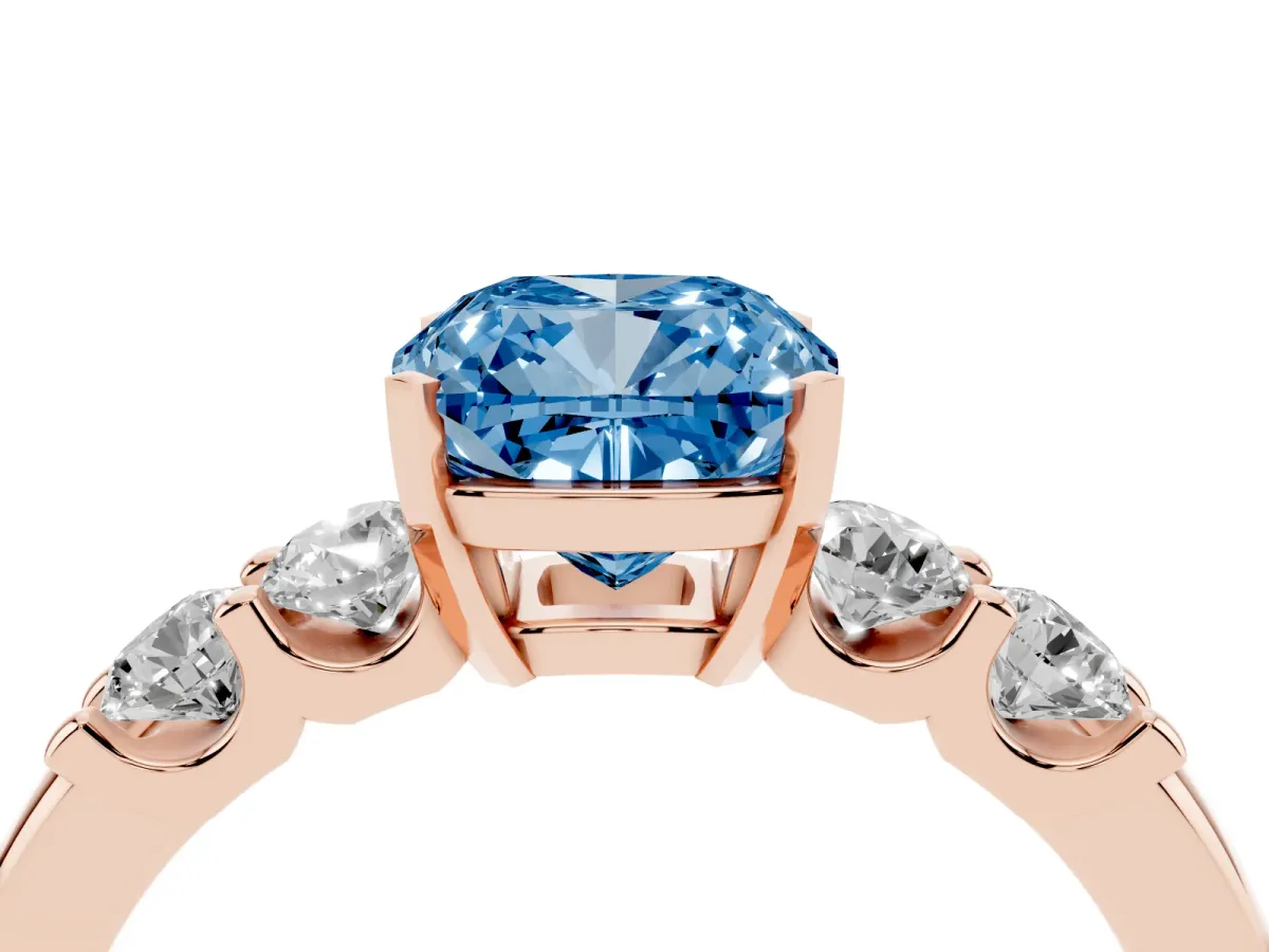 Fancy Blue Cushion Cut Brilliant Cut Diamond Five-Stone Prong Set Engagement Ring with Channel Band Rose gold