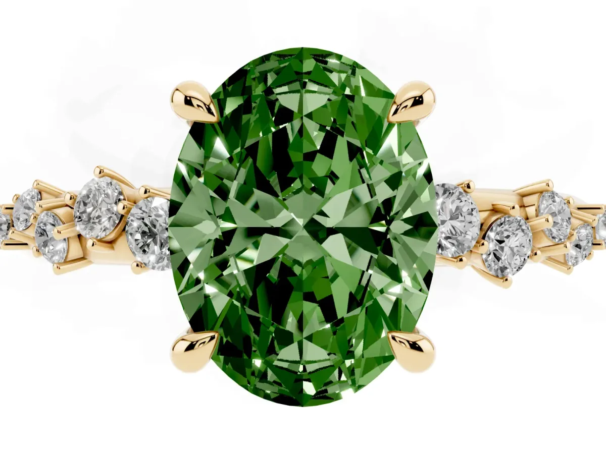 Fancy Green Oval Cut Cut Diamond Vine Band with Four-Prong Setting Yellow gold