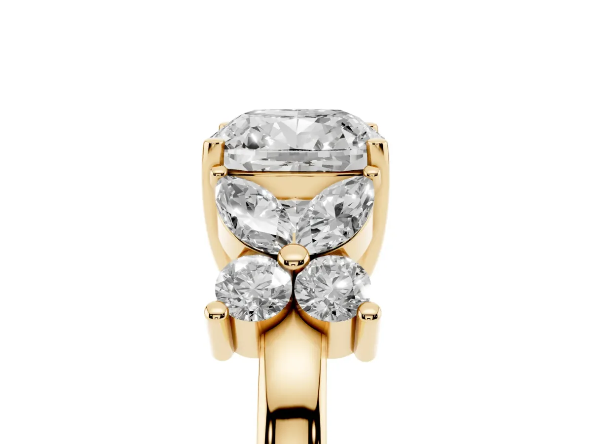 Cushion Cut Diamond Floral Cluster Ring with Solitaire Band and Prong Setting Yellow gold