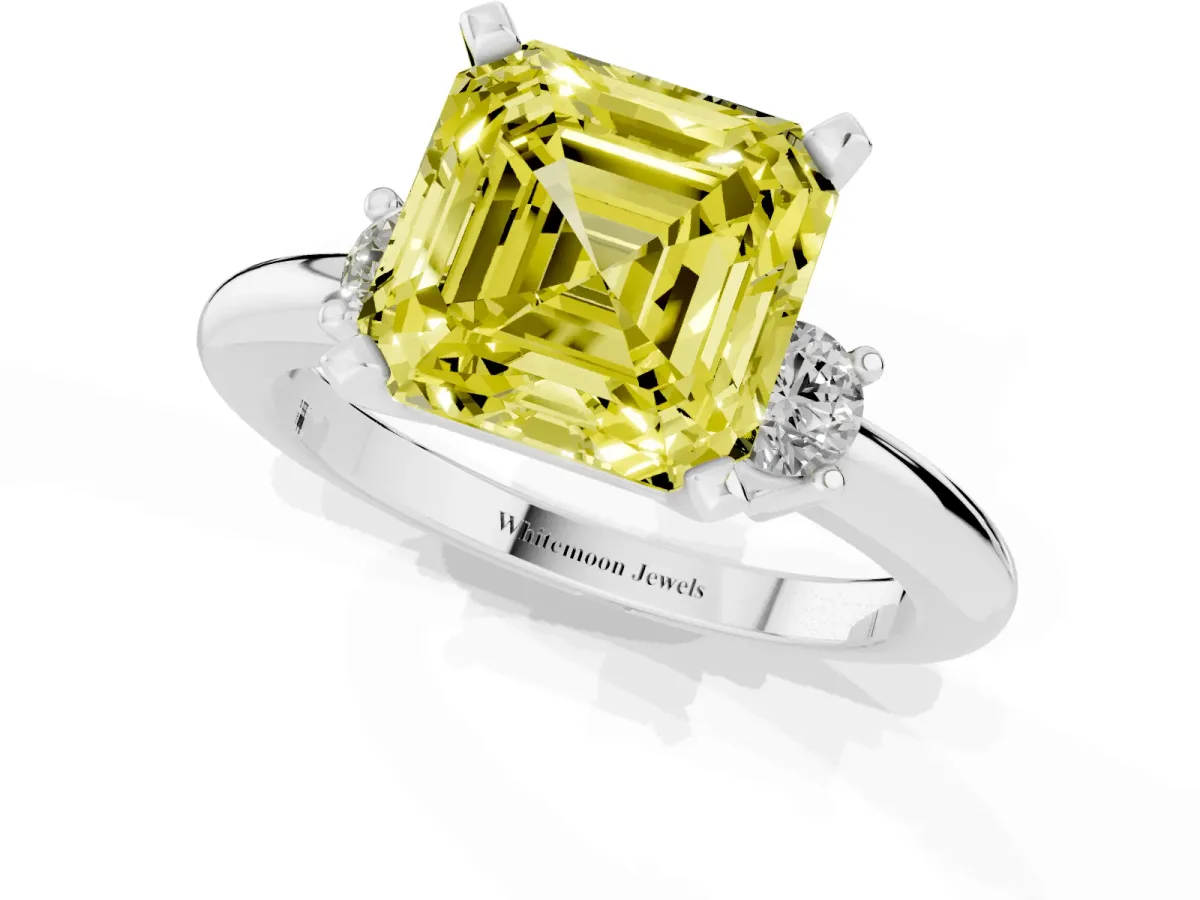 Fancy Yellow Three-Stone Asscher Cut Cut Diamond Solitaire with Prong Setting and Classic Band Silver