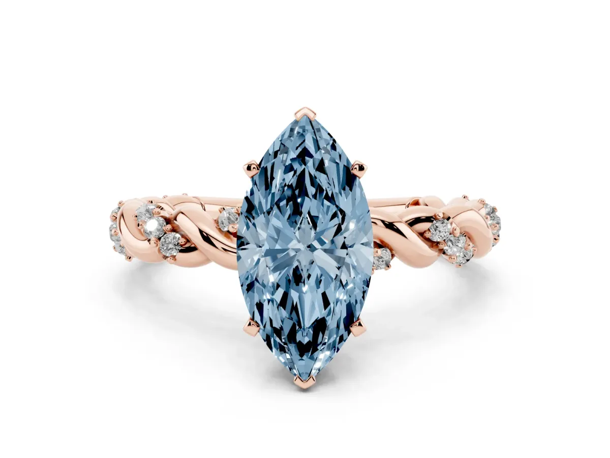 Fancy Blue Marquise Cut Diamond Solitaire Ring with Twisted Band and Pavé Accents Rose gold