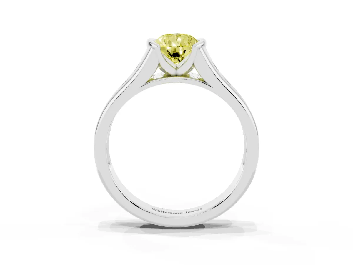 Fancy Yellow Pear Cut Solitaire Bezel-Set Diamond Ring with Channel-Set Band Silver