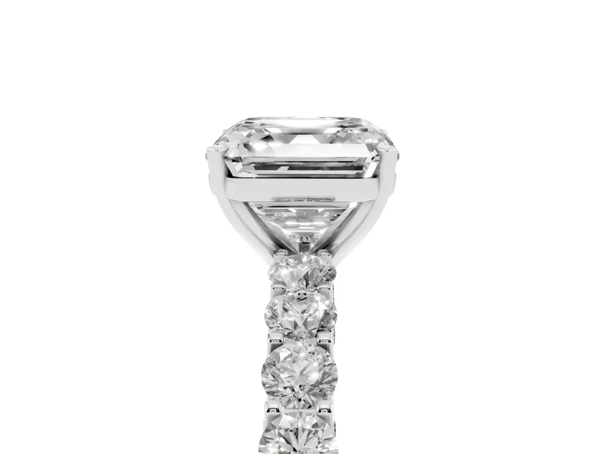 Asscher Cut Diamond Solitaire Ring with Shared Prong Pavé Band and Four-Prong Setting Silver