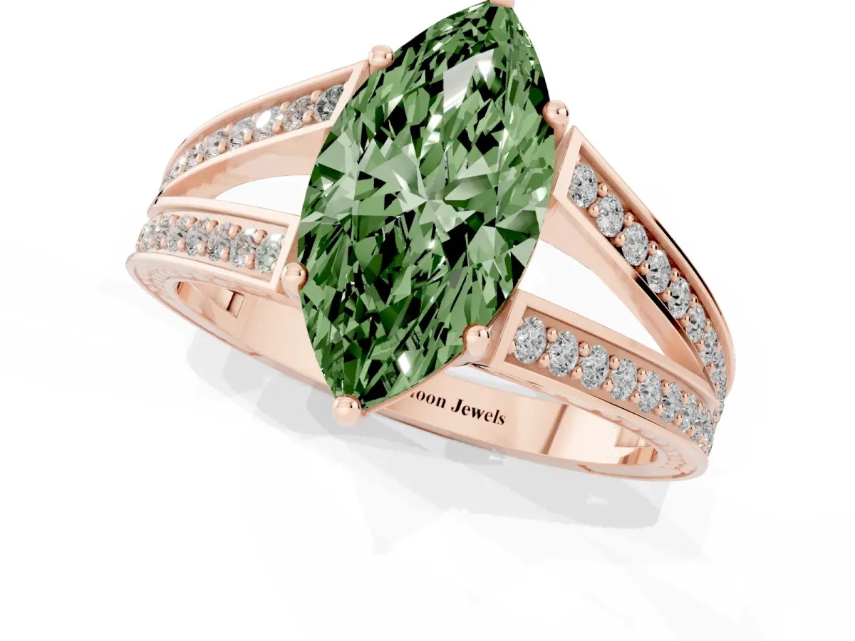 Fancy Green Marquise Cut Diamond Split Shank Ring with Pavé Band and Four-Prong Setting Rose gold