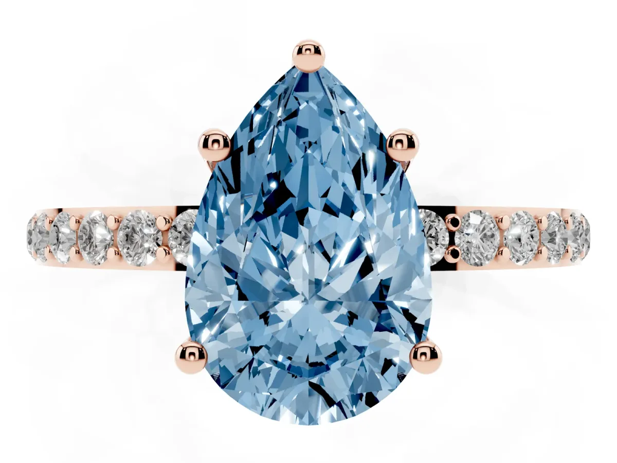 Fancy Blue Pear Cut Diamond Solitaire Ring with Round Pavé Shoulders and Prong Setting Rose gold