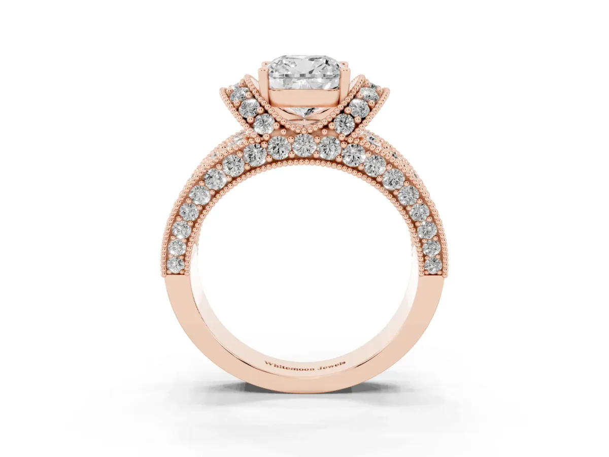 Cushion Cut Halo Pave Diamond Engagement Ring with Milgrain Detailing Rose gold