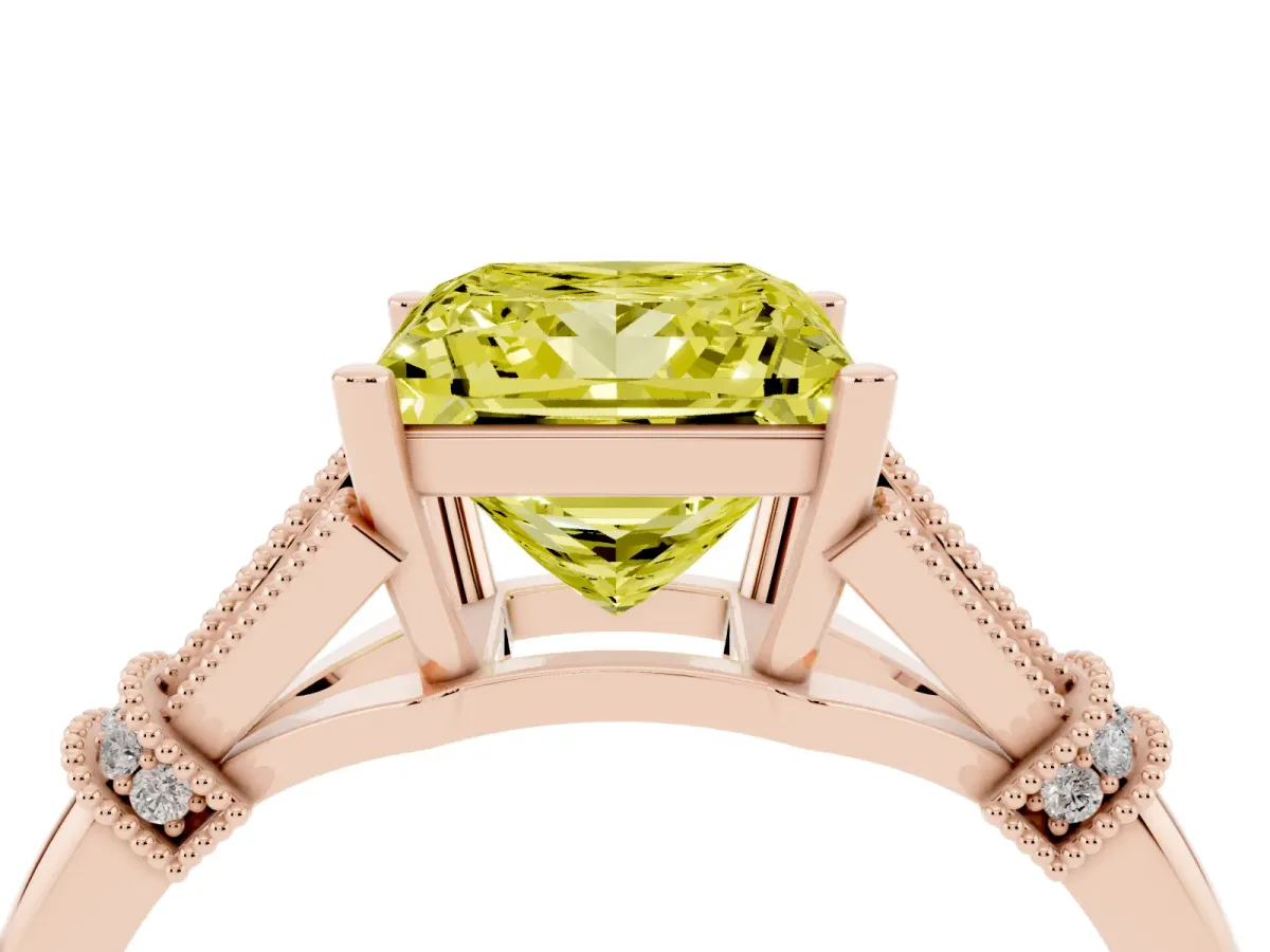 Fancy Yellow Princess Cut Diamond Solitaire Ring with Floral Filigree and Pave Accents Rose gold