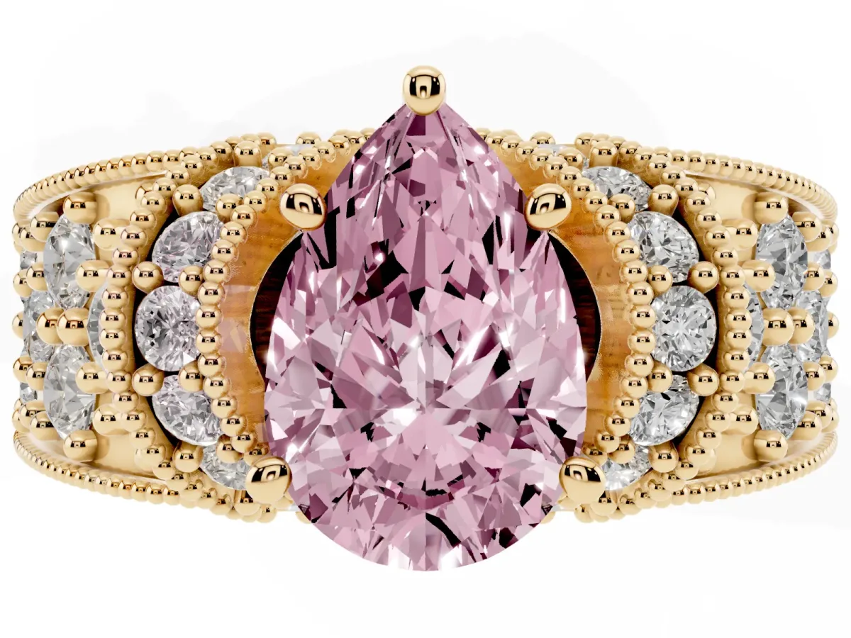Fancy Pink Pear Cut Halo Pave Diamond Engagement Ring with Milgrain Detailing Yellow gold