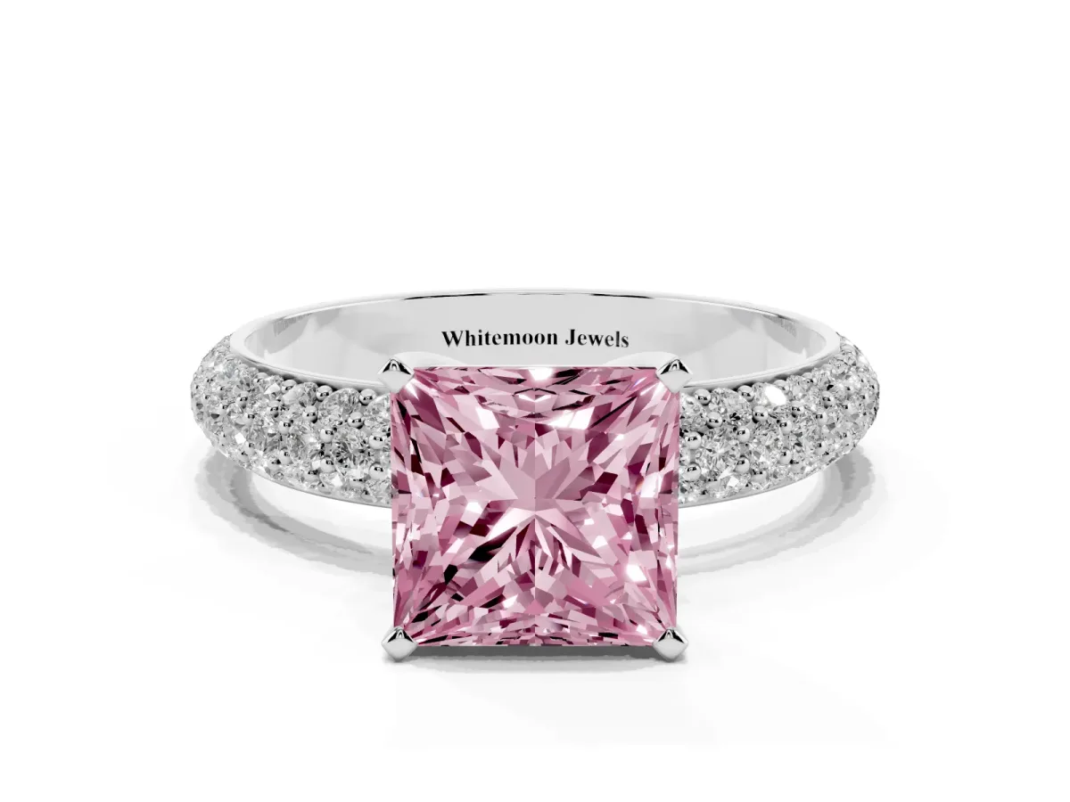 Fancy Pink Princess Cut Diamond Solitaire Ring with Prong Setting and Pavé Band Platinum