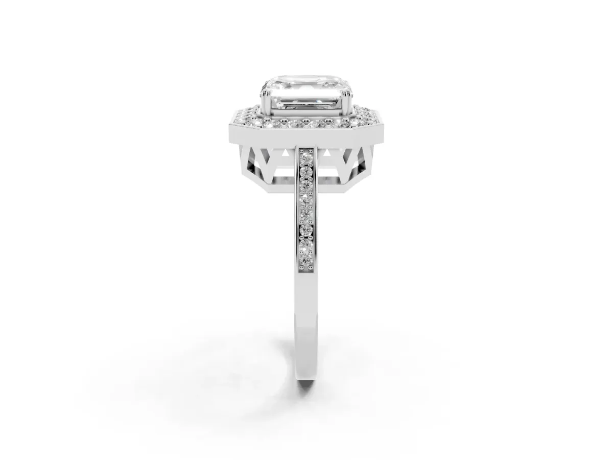 Asscher Cut Diamond Halo Ring with Split Shank and Four-Prong Setting Silver
