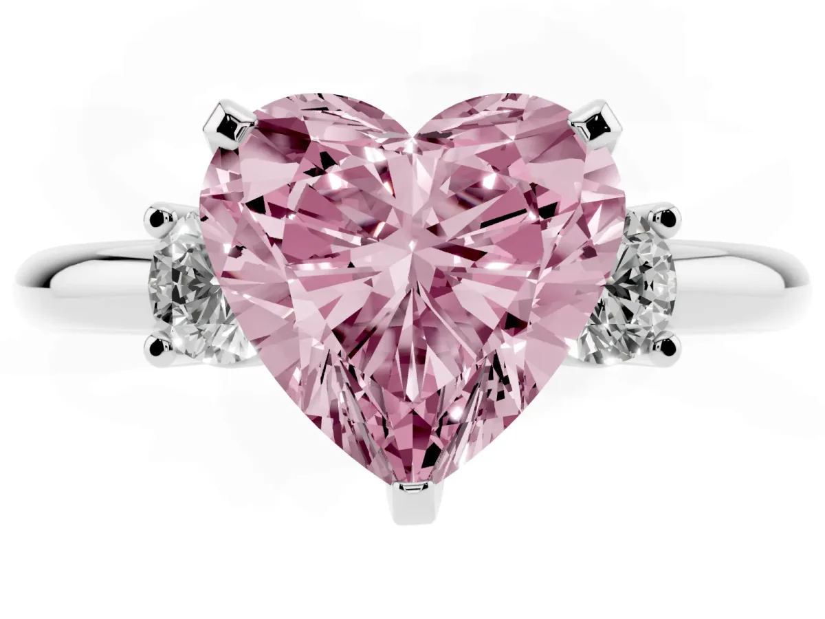 Fancy Pink Three-Stone Heart Cut Cut Diamond Solitaire with Prong Setting and Classic Band Silver