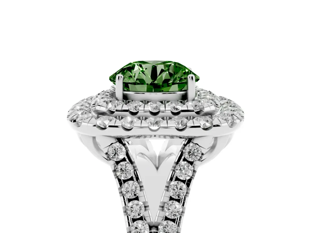 Fancy Green Double Halo Round Cut Diamond Pavé Split Shank Ring with Prong Setting White gold